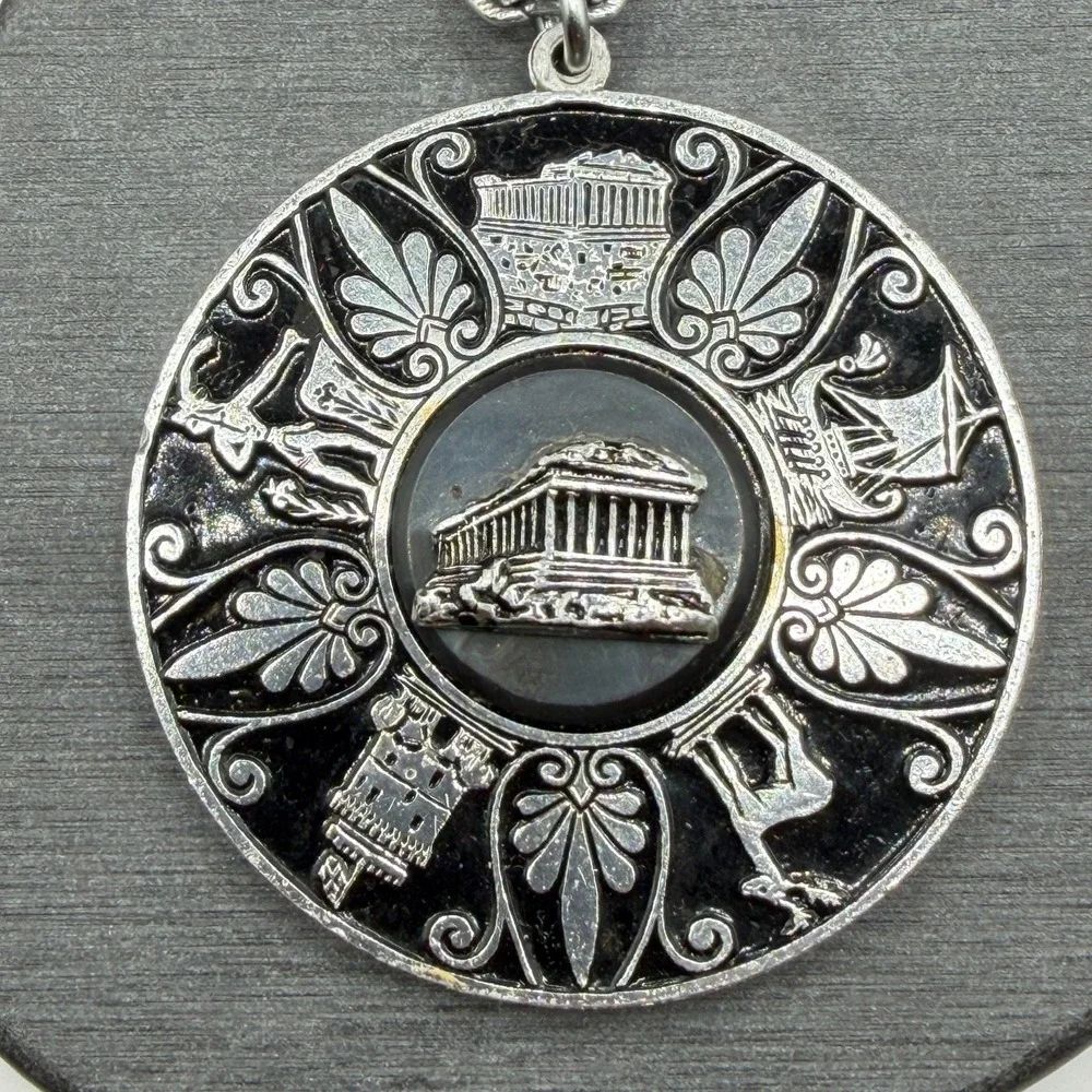 Greek Revival Parthenon Medallion Necklace Silver Tone Black Enamel Statement